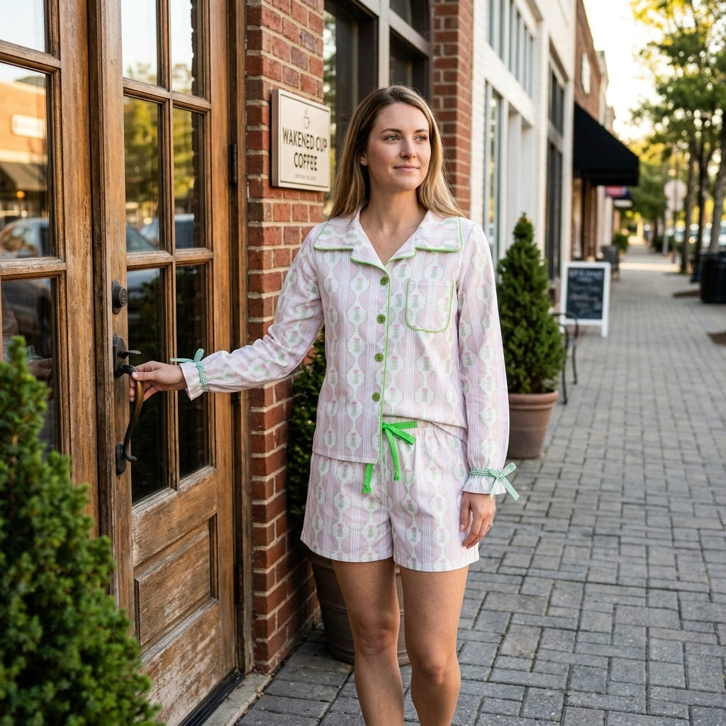 GLS0115 Christmas Trees Bows Green Adult Women's Shorts Pajamas Set