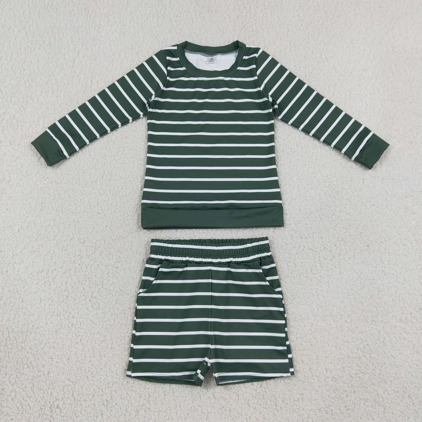 GLS0128 Solid Color Green Stripe Yoga Girls Shorts Set