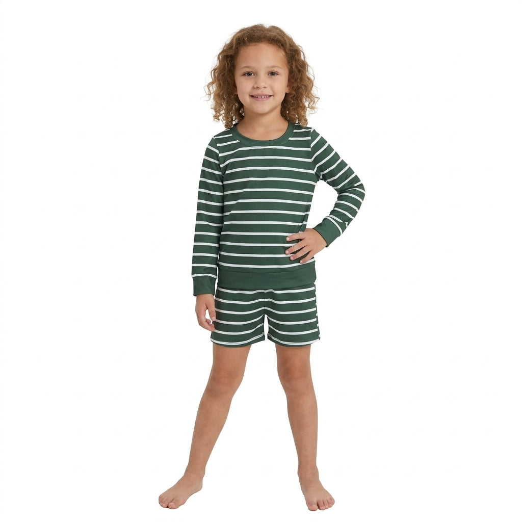 GLS0128 Solid Color Green Stripe Yoga Girls Shorts Set