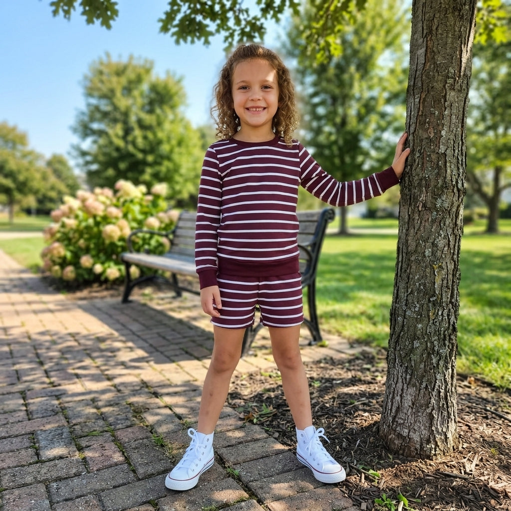 GLS0130 Solid Color Purple Stripe Yoga Girls Shorts Set