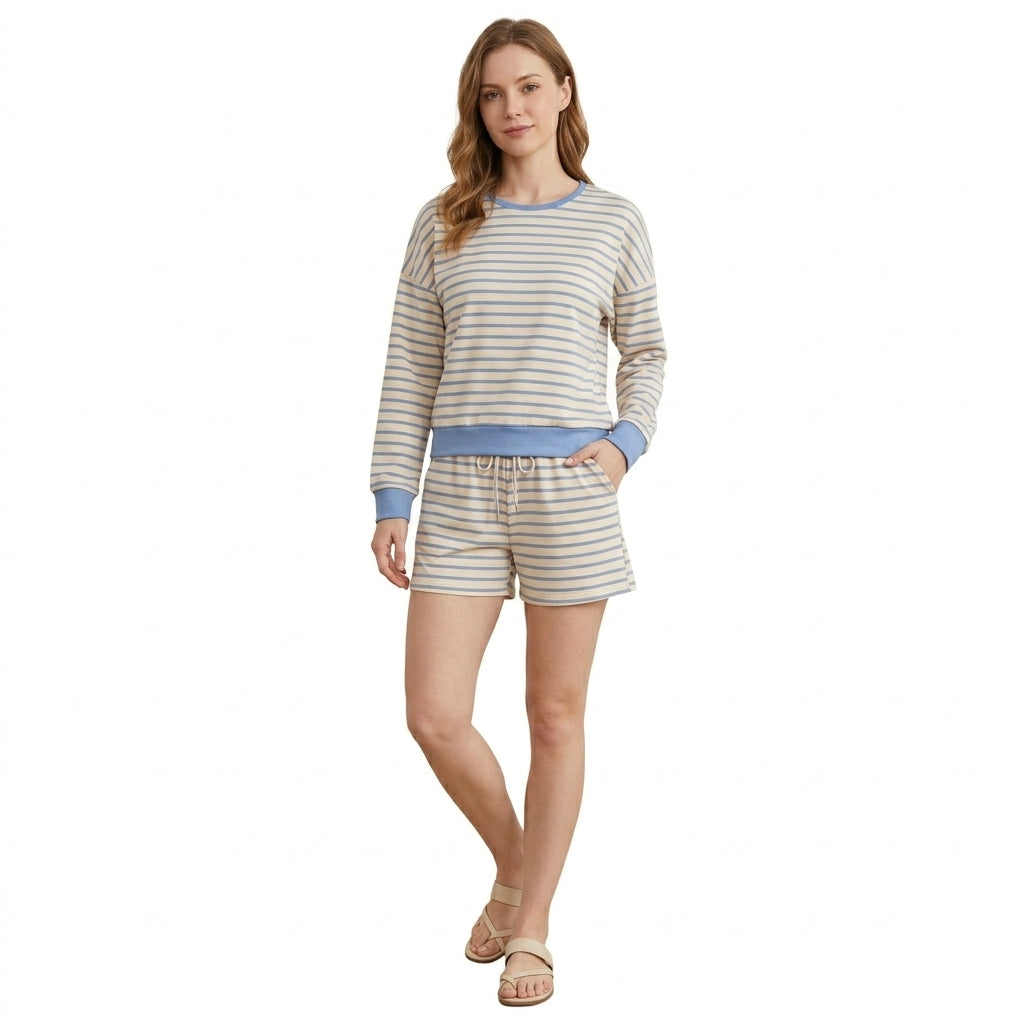 GLS0138 Gray Blue Beige Color Stripe Yoga Adult Women's Shorts Set