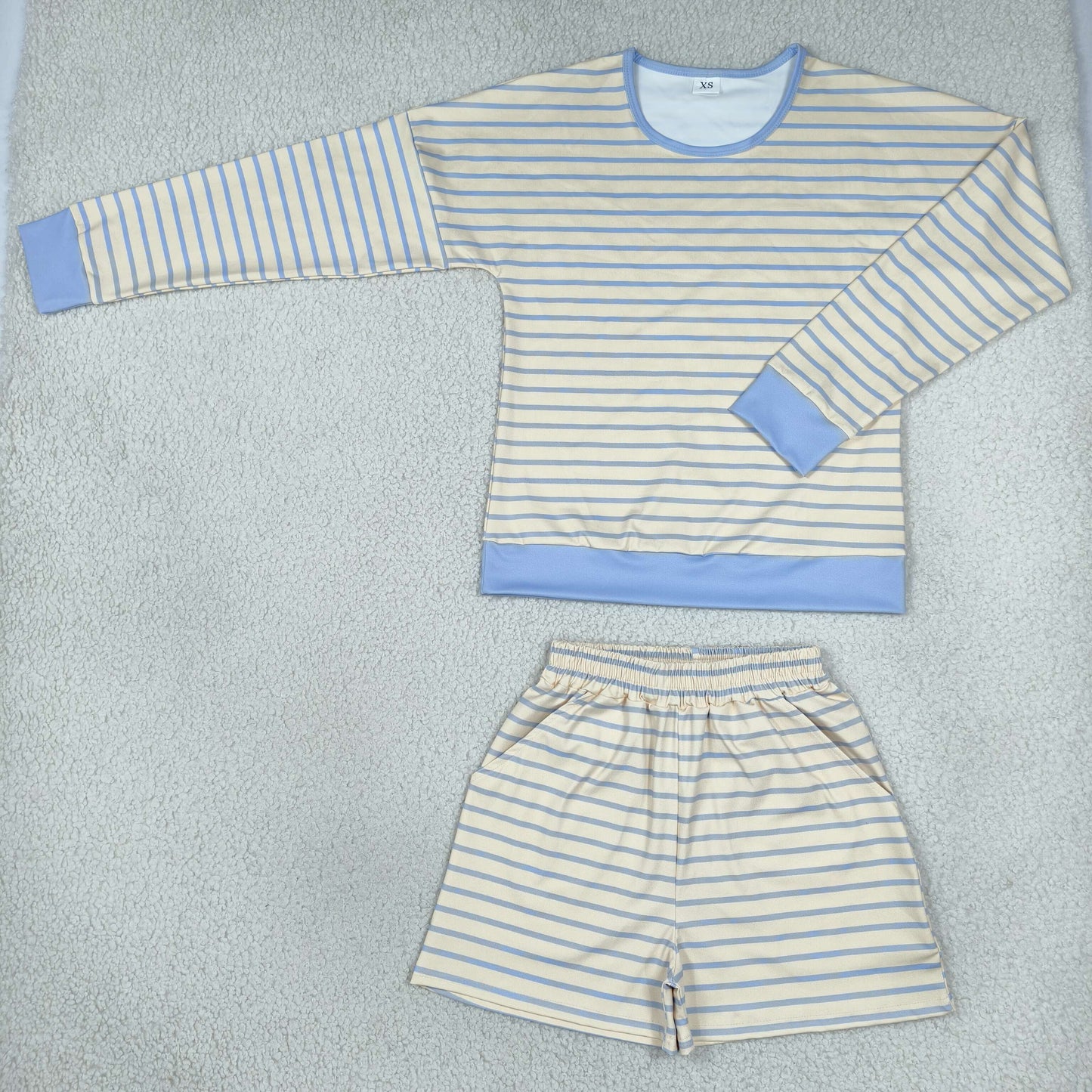 GLS0138 Gray Blue Beige Color Stripe Yoga Adult Women's Shorts Set