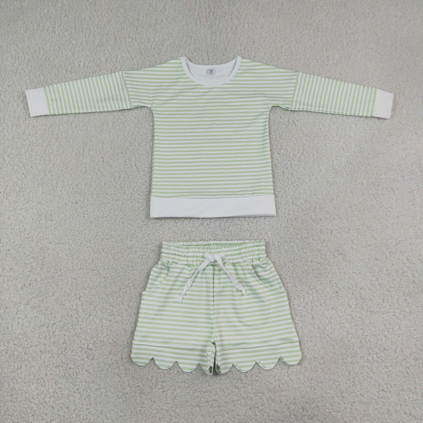 GLS0154 Light Green Stripe Scallop Edge Yoga Girls Shorts Set