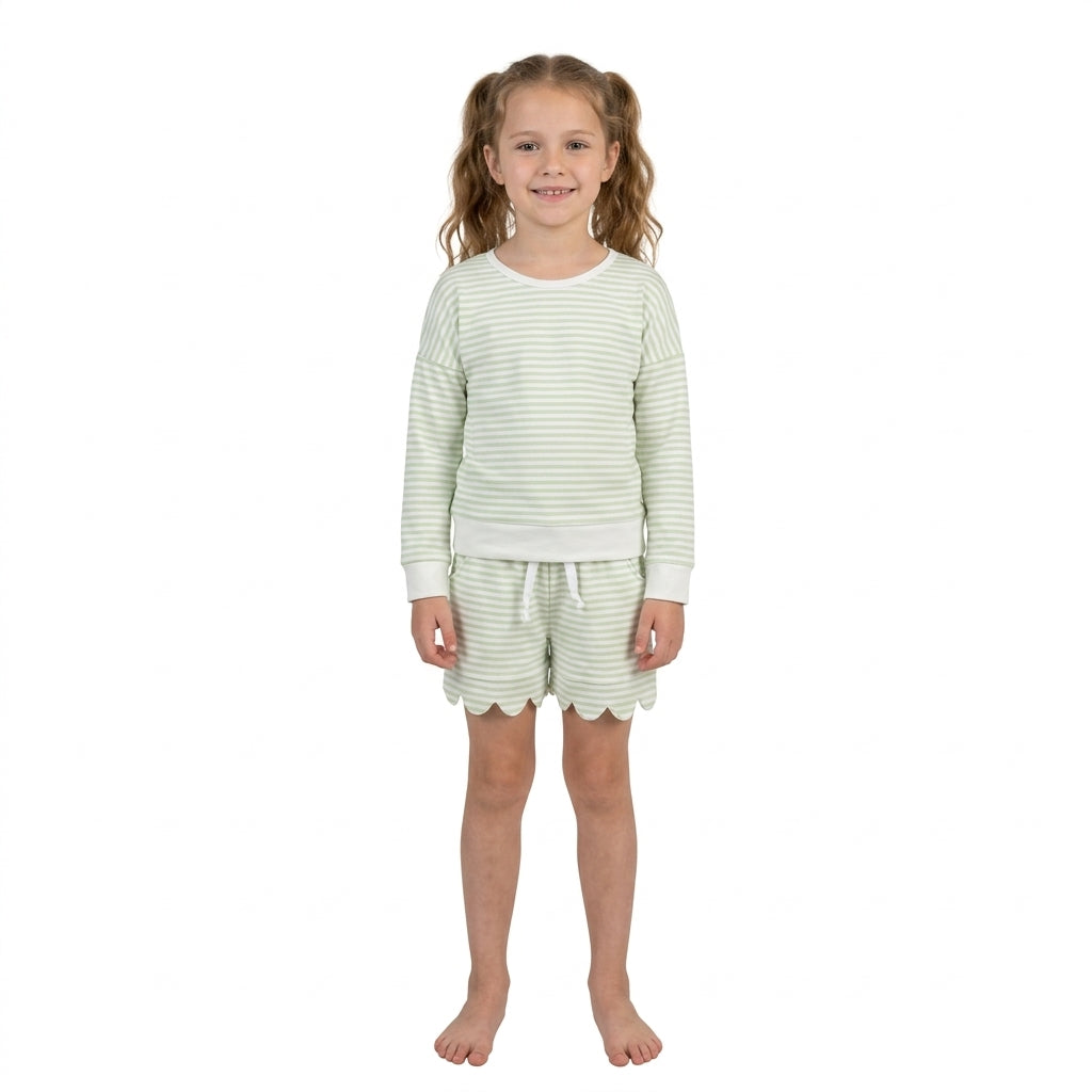 GLS0154 Light Green Stripe Scallop Edge Yoga Girls Shorts Set