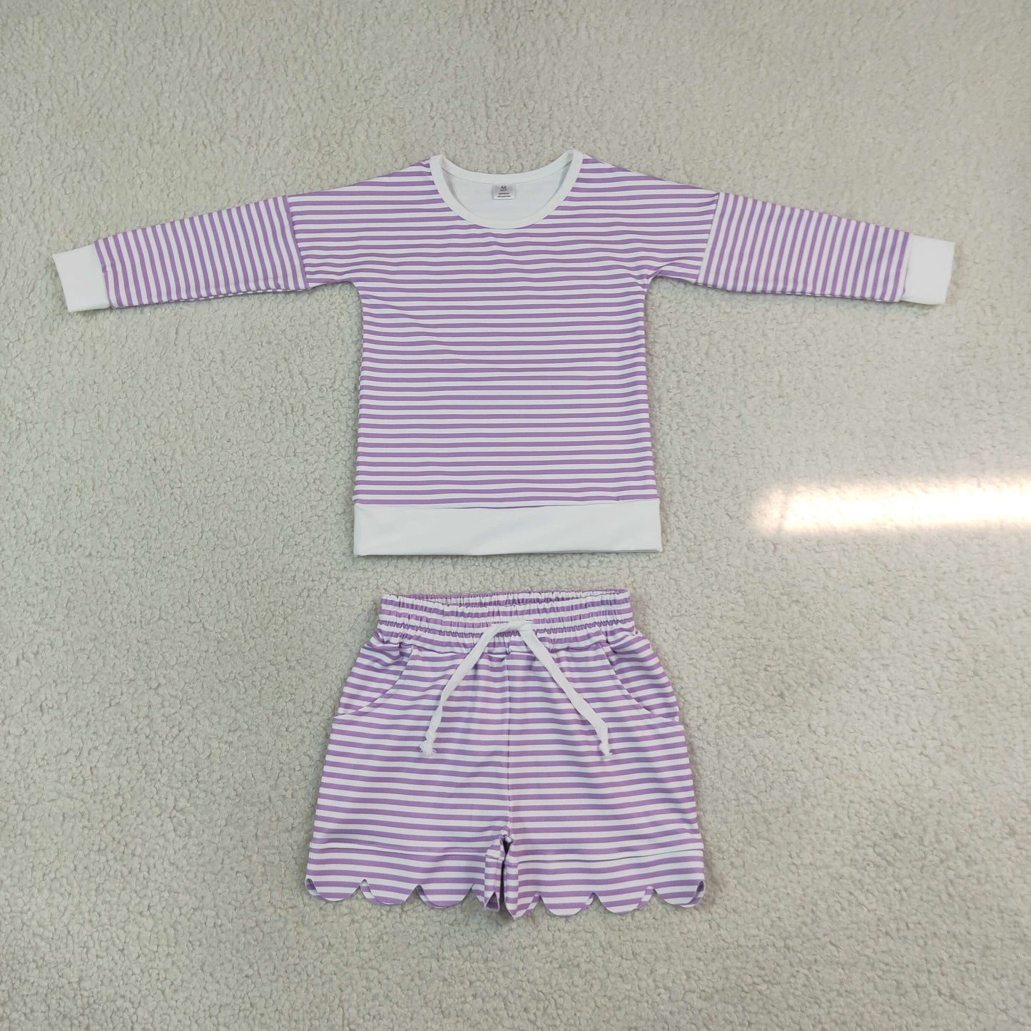 GLS0155 Purple Stripe Scallop Edge Yoga Girls Shorts Set