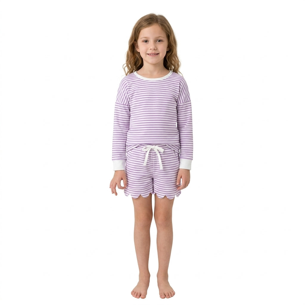 GLS0155 Purple Stripe Scallop Edge Yoga Girls Shorts Set