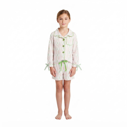 GLS0171 Christmas Trees Bows Green Girls Shorts Pajamas Set