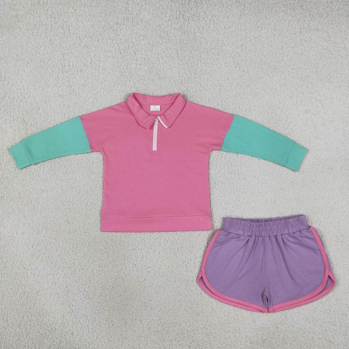 GLS0193 Solid Color Pink Pullover Girls Shorts Set