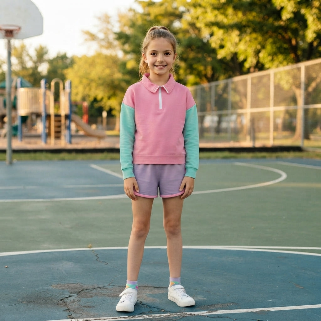 GLS0193 Solid Color Pink Pullover Girls Shorts Set