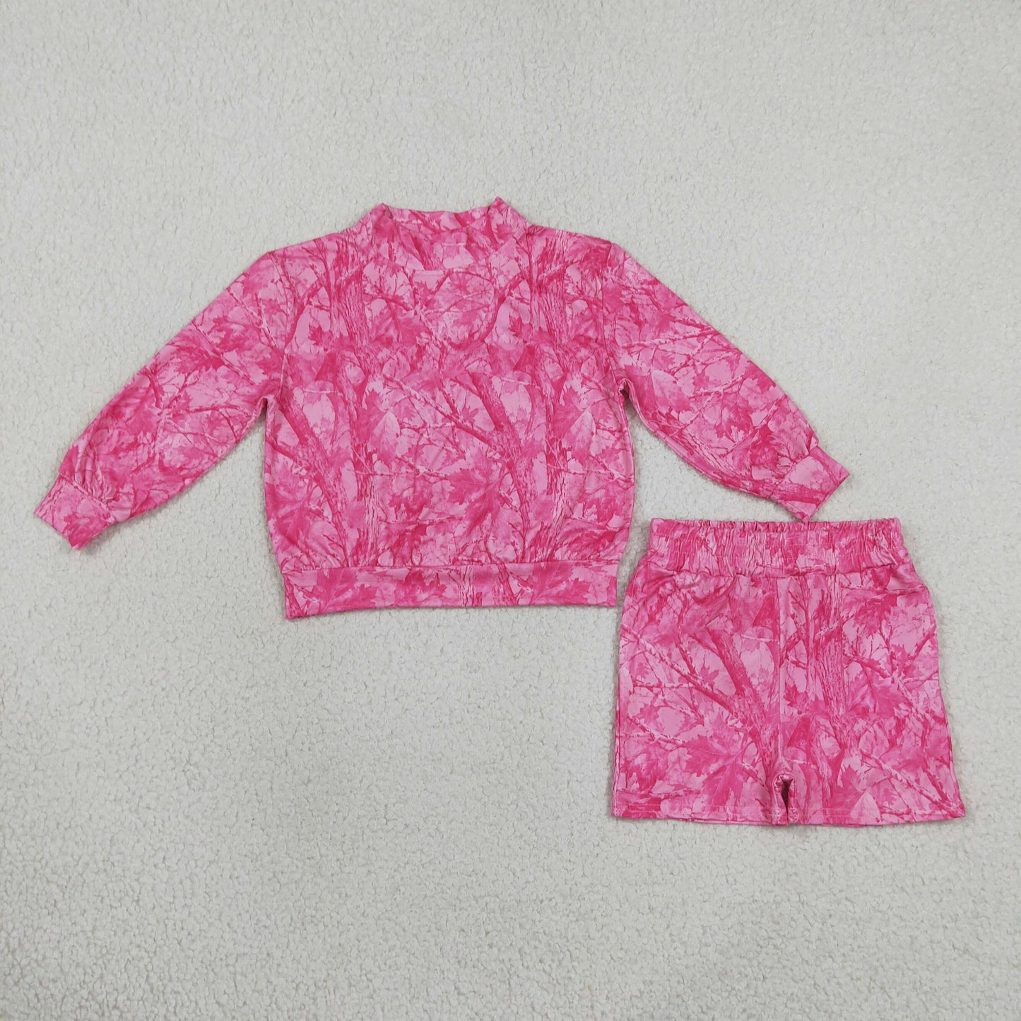GLS0196 Hunting Camo Leaves Rose Red Girls Shorts Set