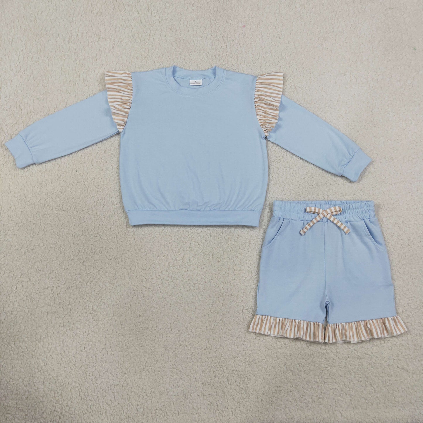 GLS0216 Solid Color Stripe Ruffles Blue Girls Shorts Set