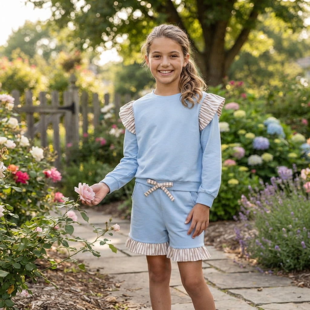 GLS0216 Solid Color Stripe Ruffles Blue Girls Shorts Set