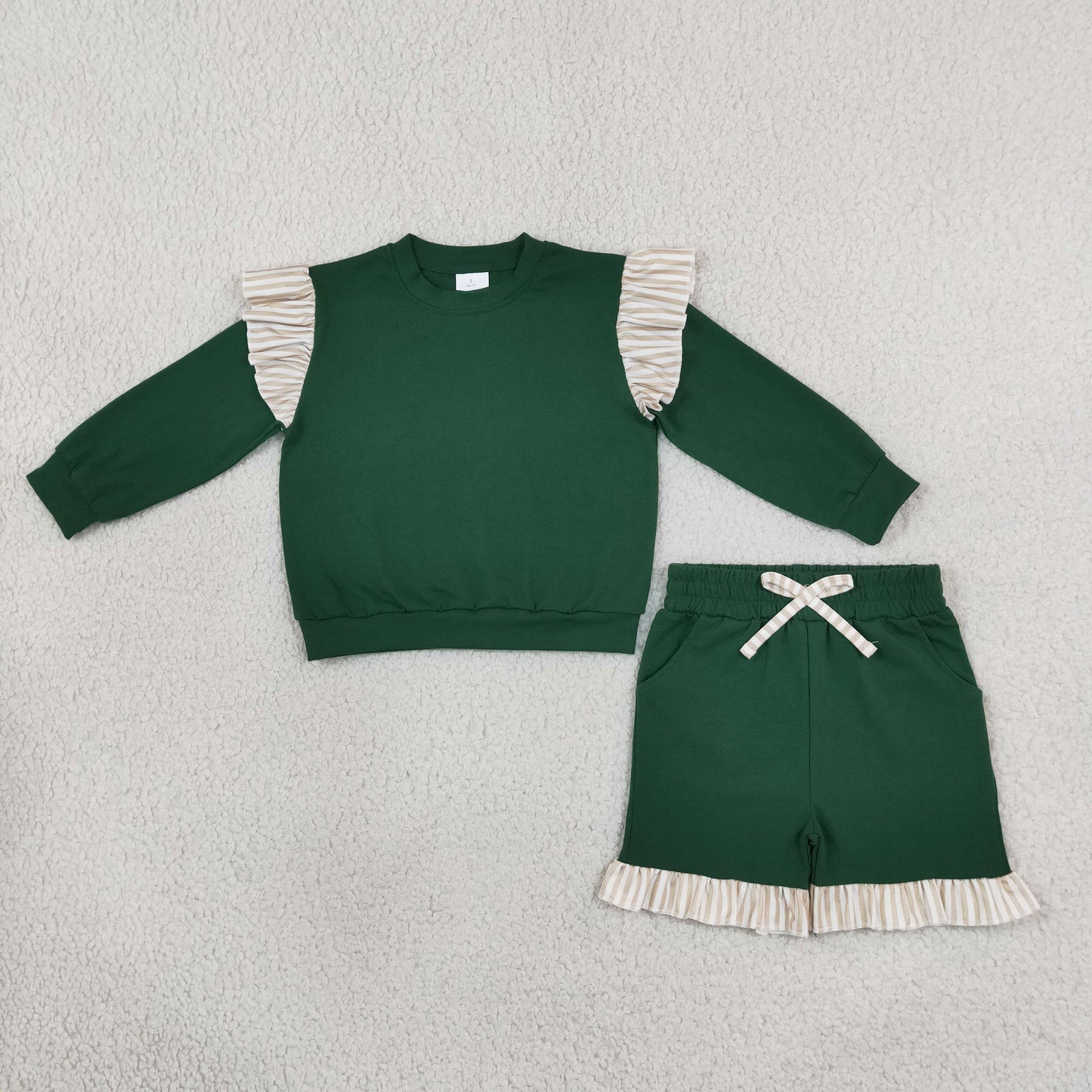 GLS0218 Solid Color Stripe Ruffles Dark Green Girls Shorts Set
