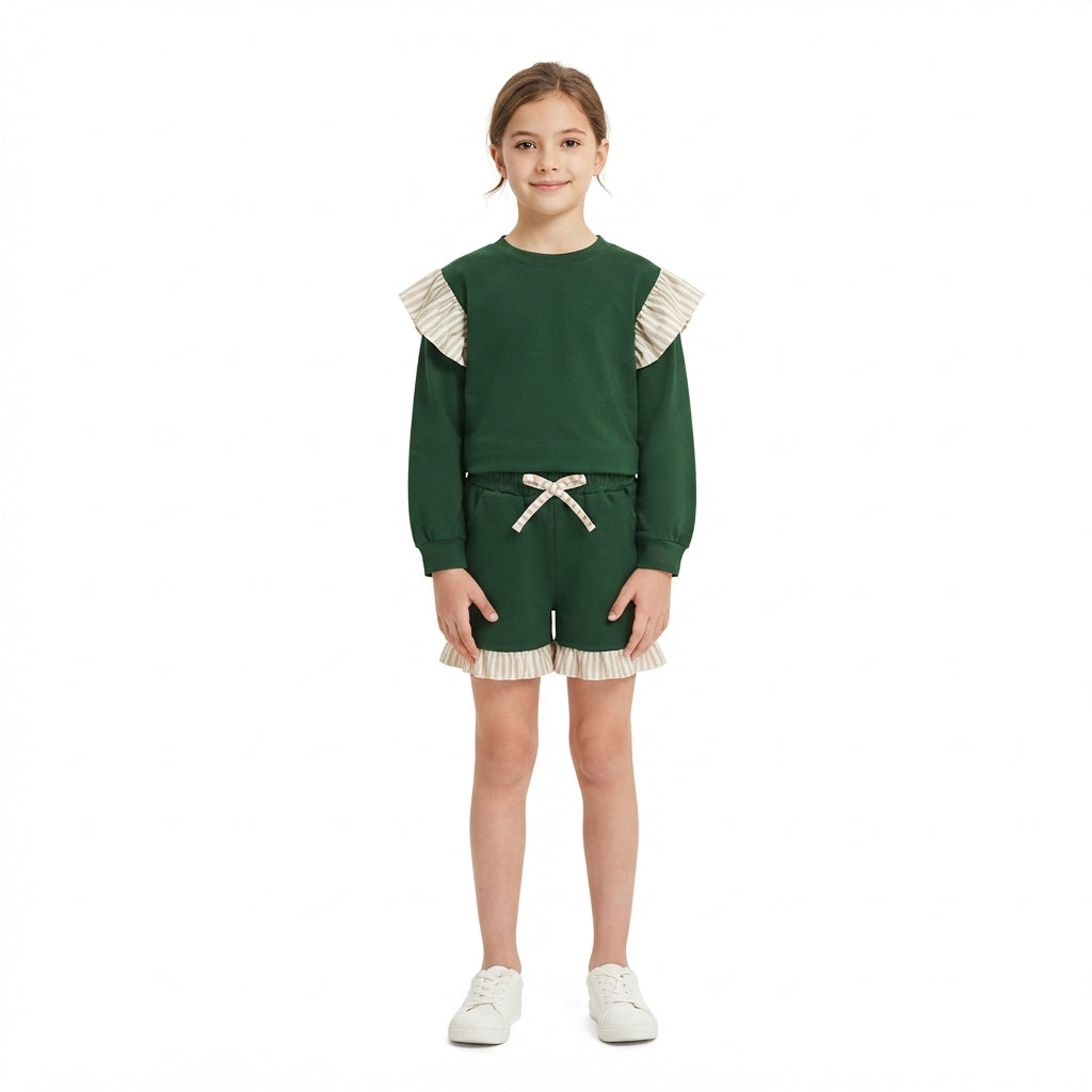GLS0218 Solid Color Stripe Ruffles Dark Green Girls Shorts Set