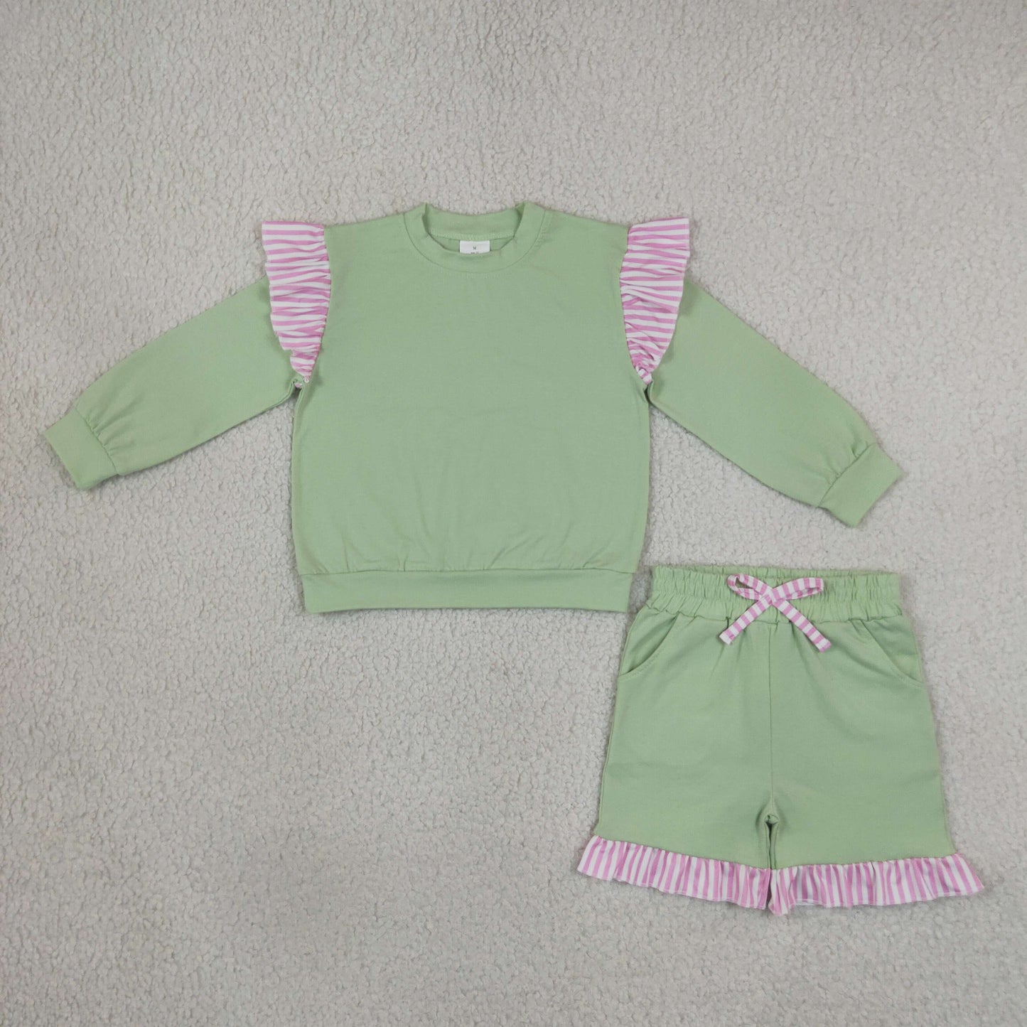 GLS0220 Solid Color Stripe Ruffles Light Green Girls Shorts Set