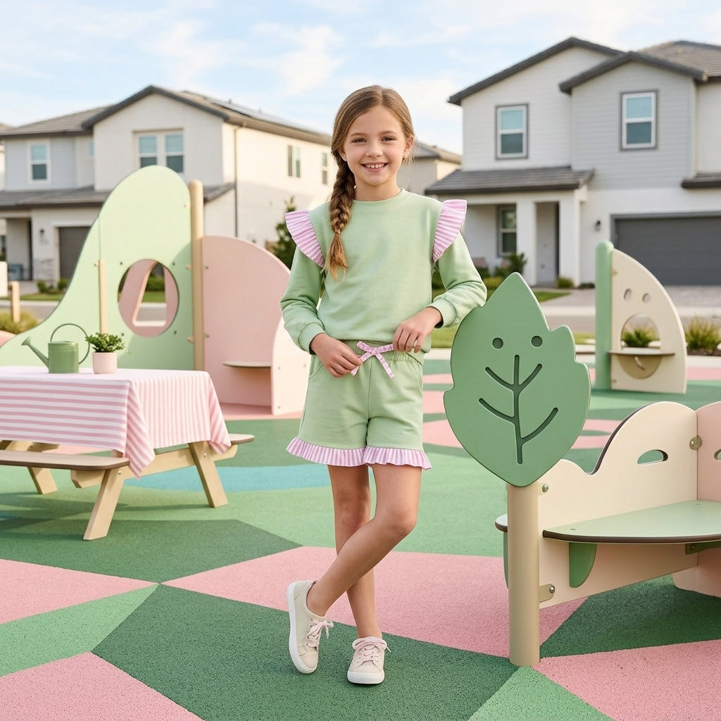 GLS0220 Solid Color Stripe Ruffles Light Green Girls Shorts Set