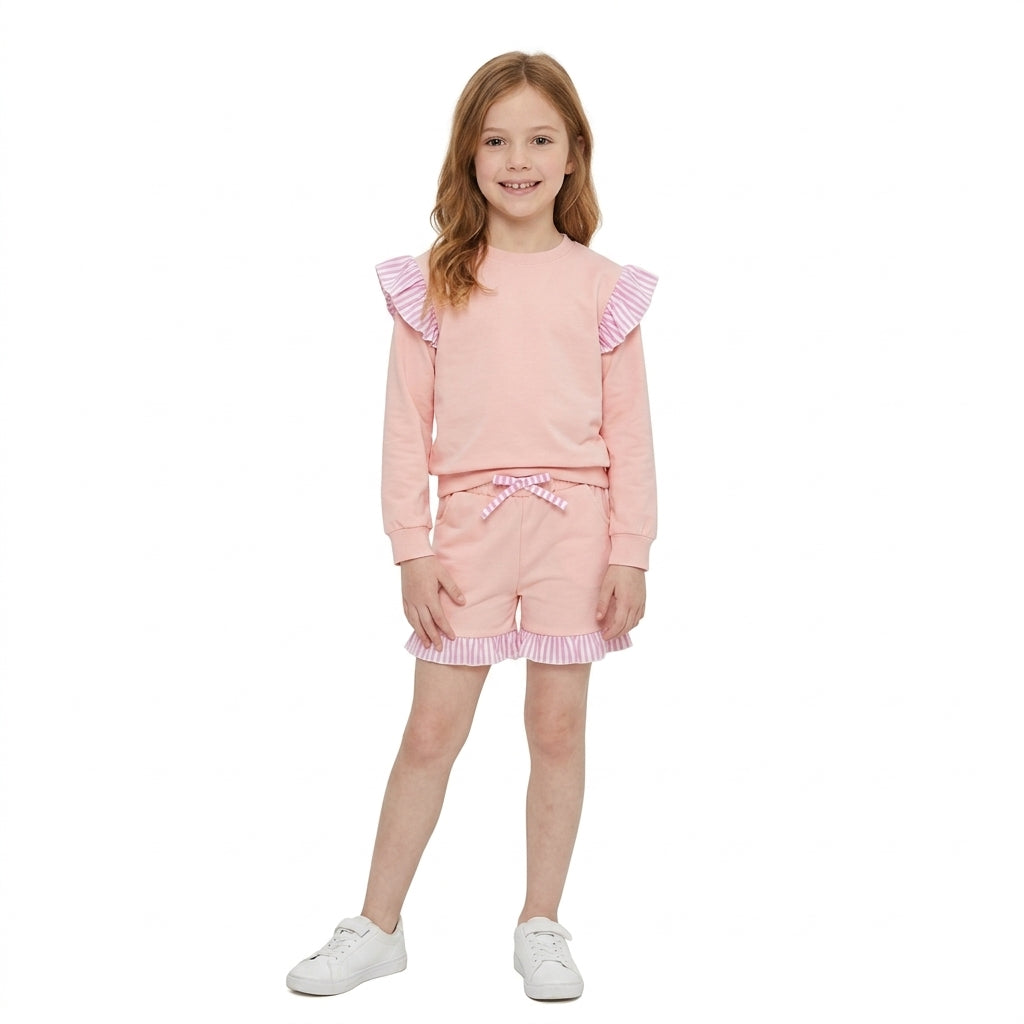 GLS0222 Solid Color Stripe Ruffles Pink Girls Shorts Set