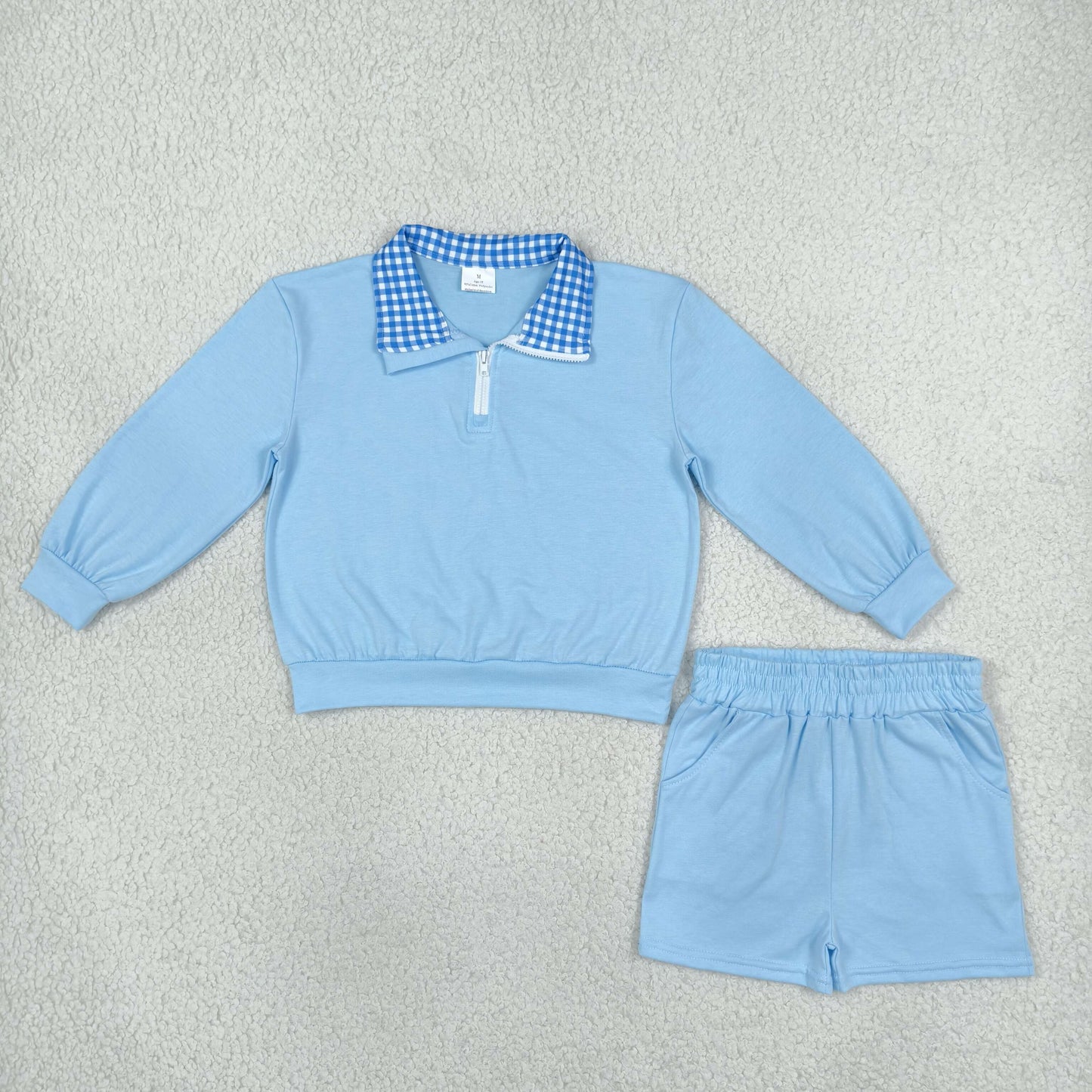 GLS0223 Solid Color Cotton Blue Plaid Polo Pullover Girls Shorts Set