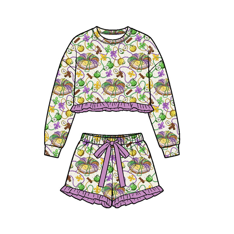 Preorder MOQ 5 pcs Each Style Mardi Gras Purple Ruffles Girls Shorts Set Kids Matching Clothes