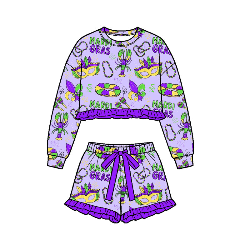 Preorder MOQ 5 pcs Each Style Mardi Gras Purple Ruffles Girls Shorts Set Kids Matching Clothes