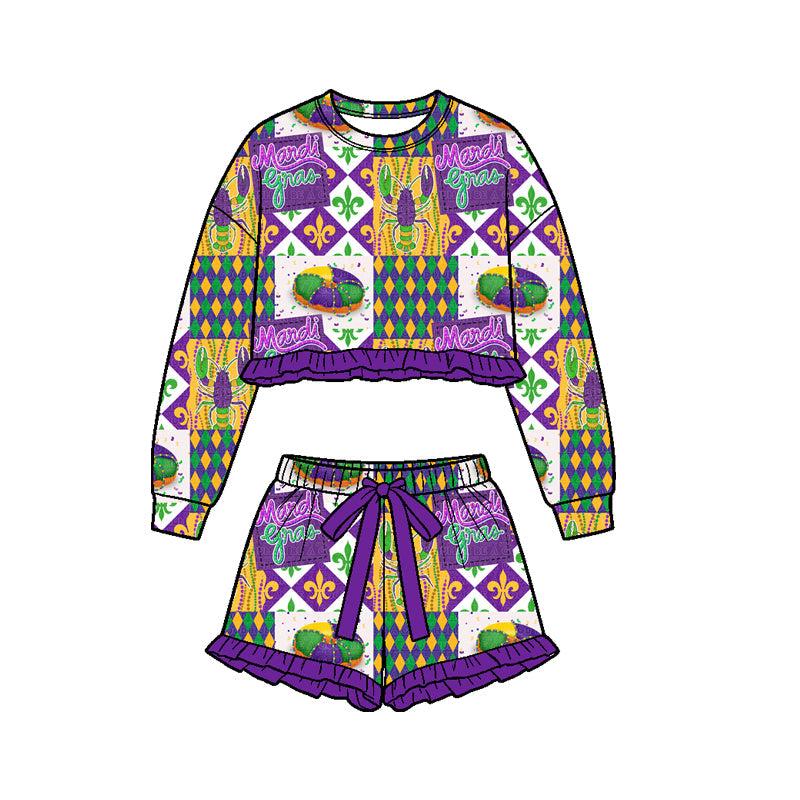 Preorder MOQ 5 pcs Each Style Mardi Gras Purple Ruffles Girls Shorts Set Kids Matching Clothes