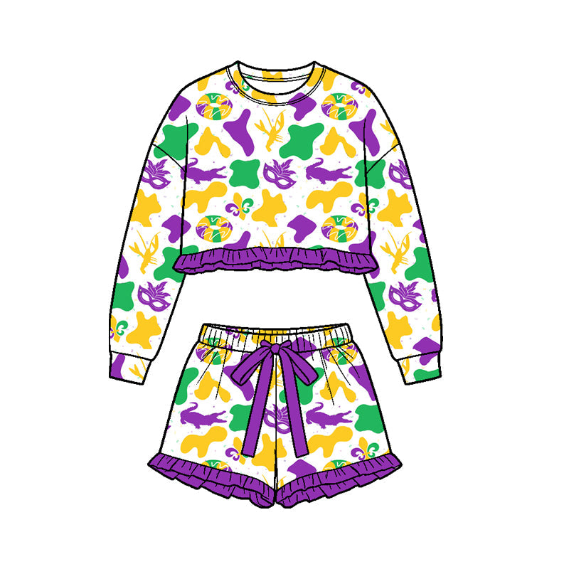 Preorder MOQ 5 pcs Each Style Mardi Gras Purple Ruffles Girls Shorts Set Kids Matching Clothes