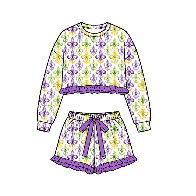 Preorder MOQ 5 pcs Each Style Mardi Gras Purple Ruffles Girls Shorts Set Kids Matching Clothes