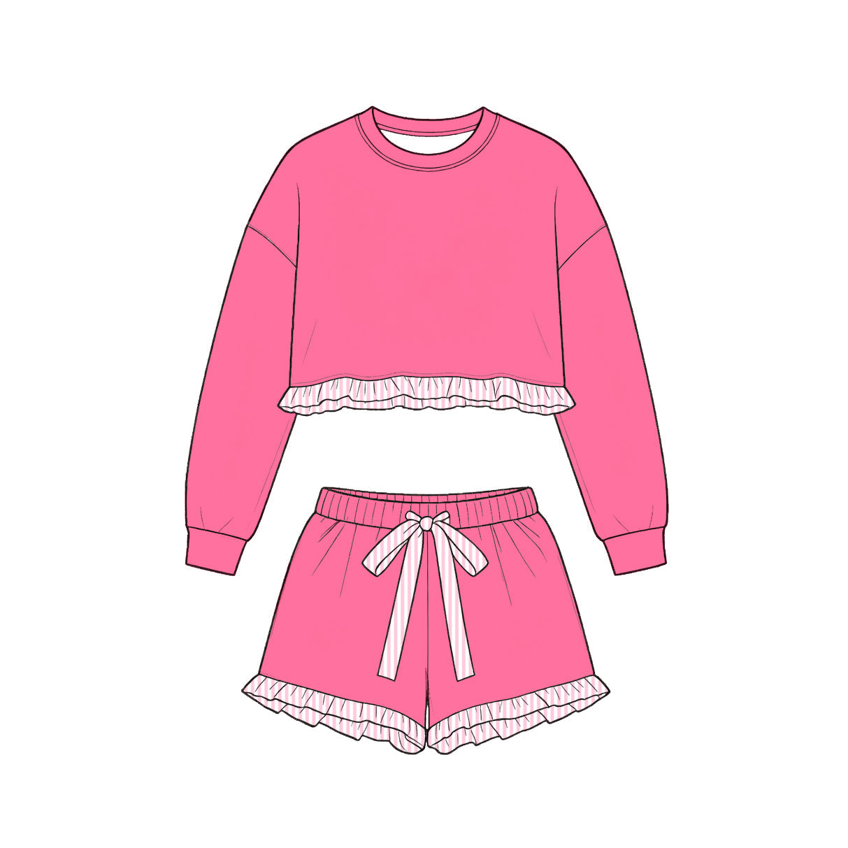 Preorder MOQ 5 pcs Each Style Solid Color Cotton Stripe Ruffles Girls Shorts Set Kids Matching Clothes