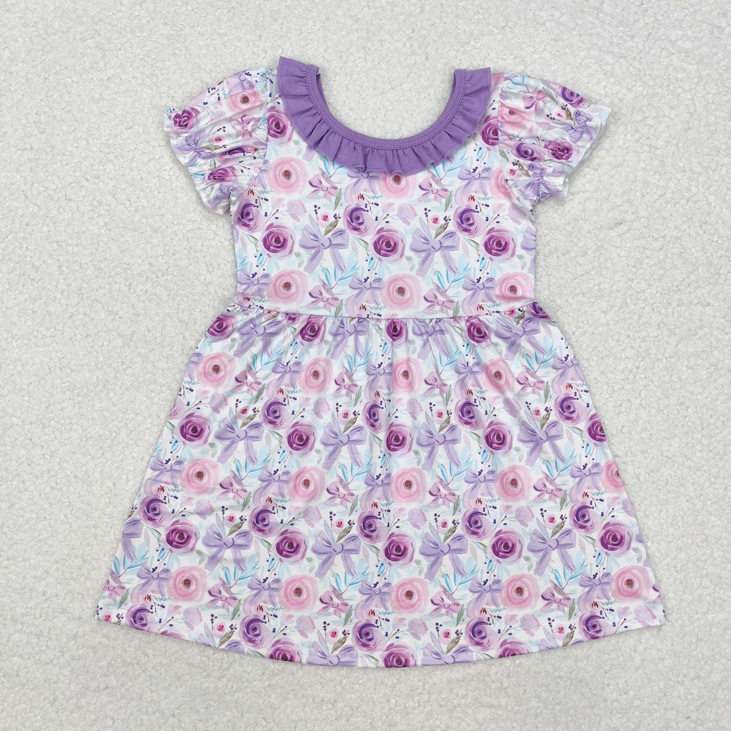 flowers bow purple print Girls summer short dress