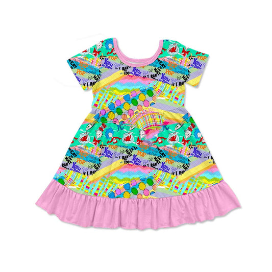 pre-order cartoon colorful  print short sleeve Girls dress GSD1646