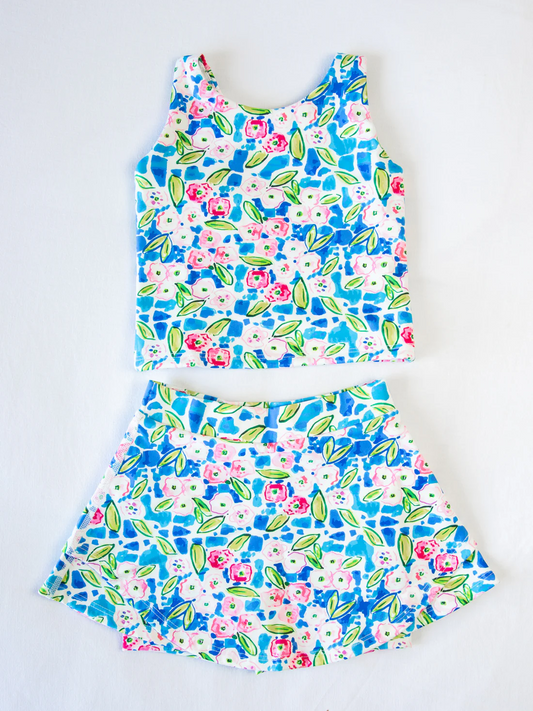 pre -order Blue flowers Short Sleeve girls yoga set GSD1988