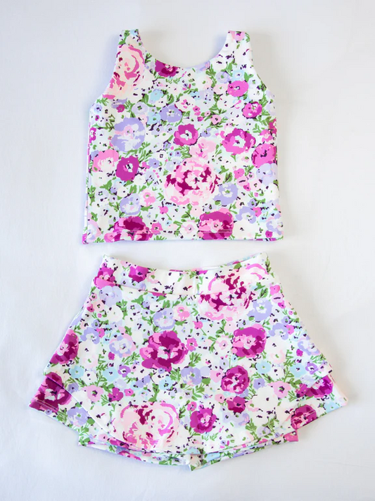 pre -order purple flowers Short Sleeve girls yoga set GSD1989