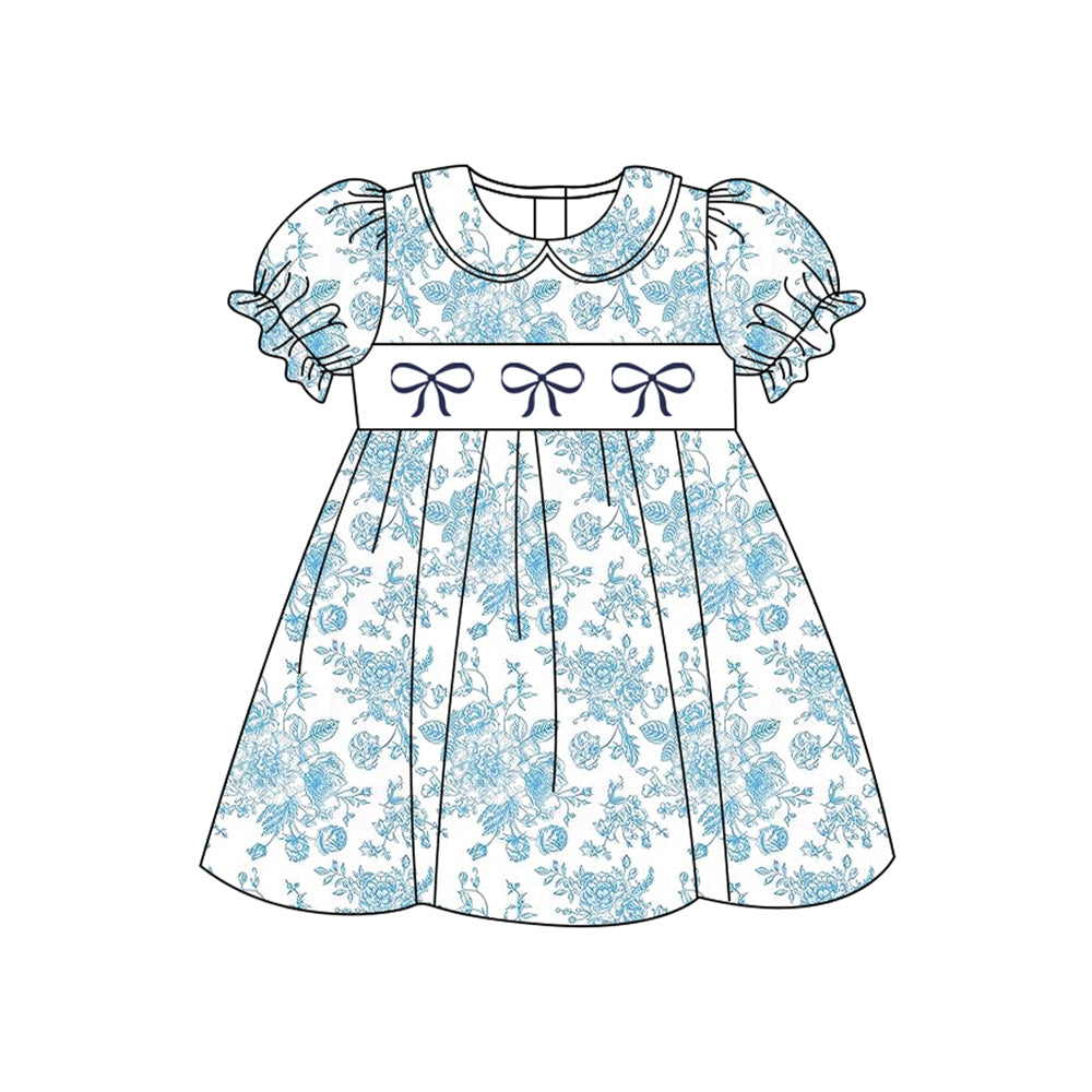 pre -order blue flowers bows short Sleeve girls set GSD2028