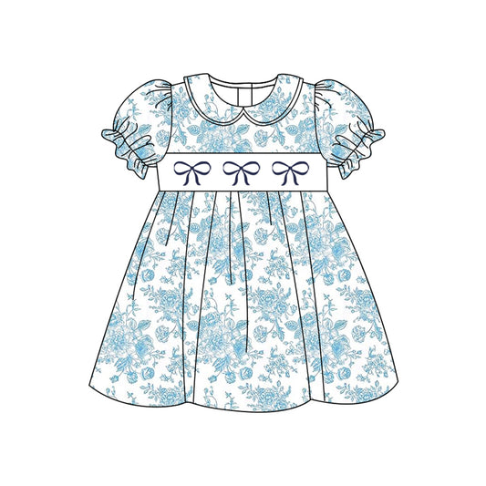pre -order blue flowers bows short Sleeve girls set GSD2028
