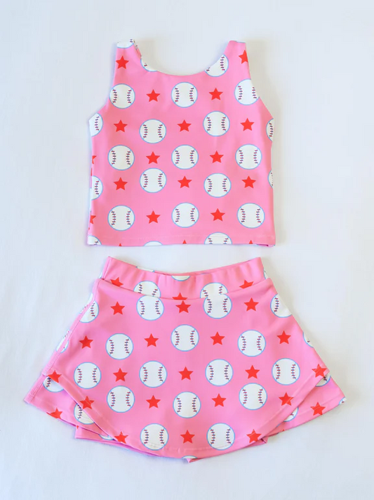 pre -order pink baseball stars Sleeveless girls yoga set GSD2041