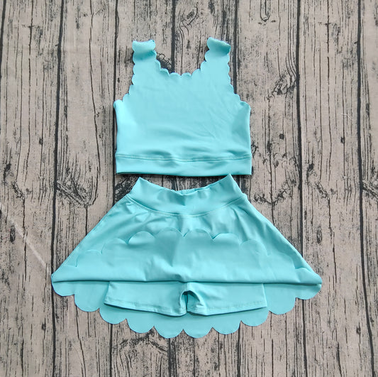 pre -order Blue Solid yoga sleeveless print girl set GSD2096