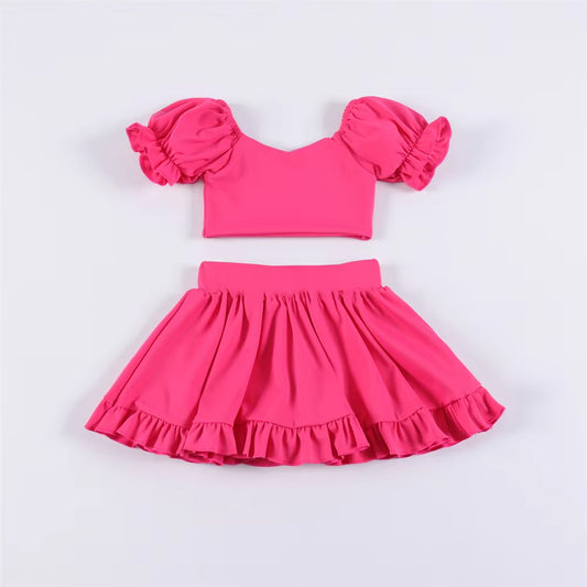 pre -order hot pink print ruffle Sleeve yoga girls set GSD2098