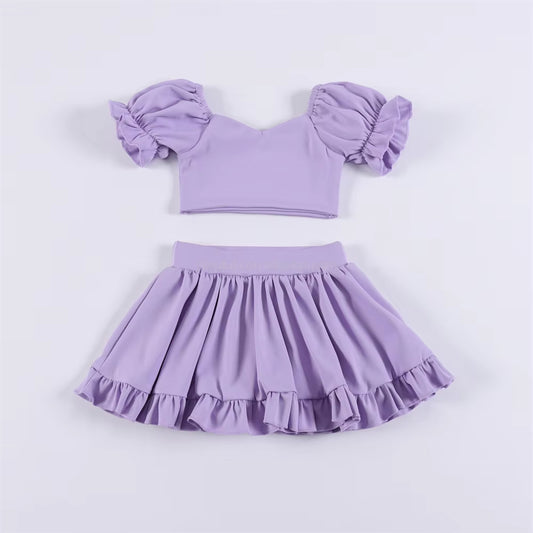 pre -order purple print ruffle Sleeve yoga girls set GSD2099