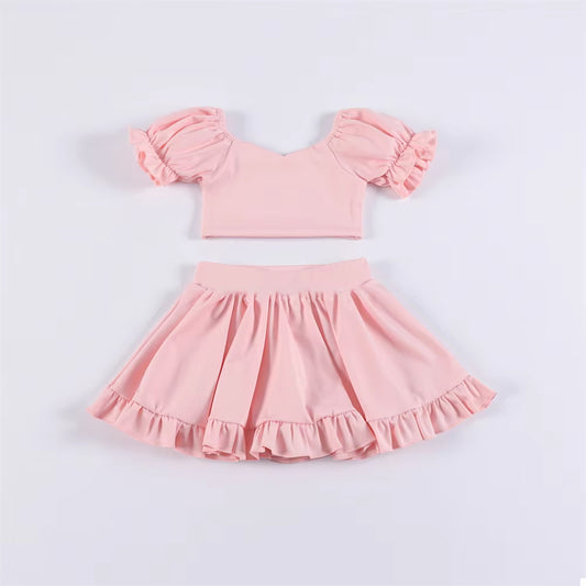 pre -order pink print ruffle Sleeve yoga girls set GSD2100
