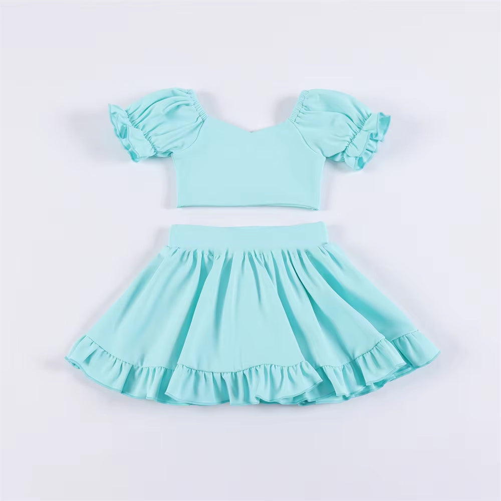 pre -order blue print ruffle Sleeve yoga girls set GSD2101