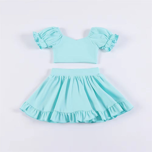 pre -order blue print ruffle Sleeve yoga girls set GSD2101