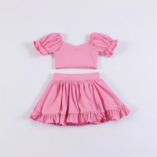 pre -order pink print ruffle Sleeve yoga girls set GSD2102
