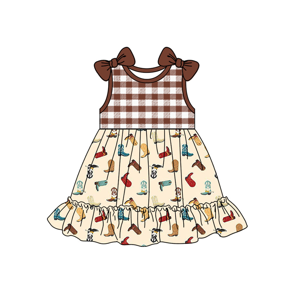 pre -order brown plaid boots  print Sleeveless girl set GSD2109