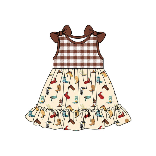 pre -order brown plaid boots  print Sleeveless girl set GSD2109