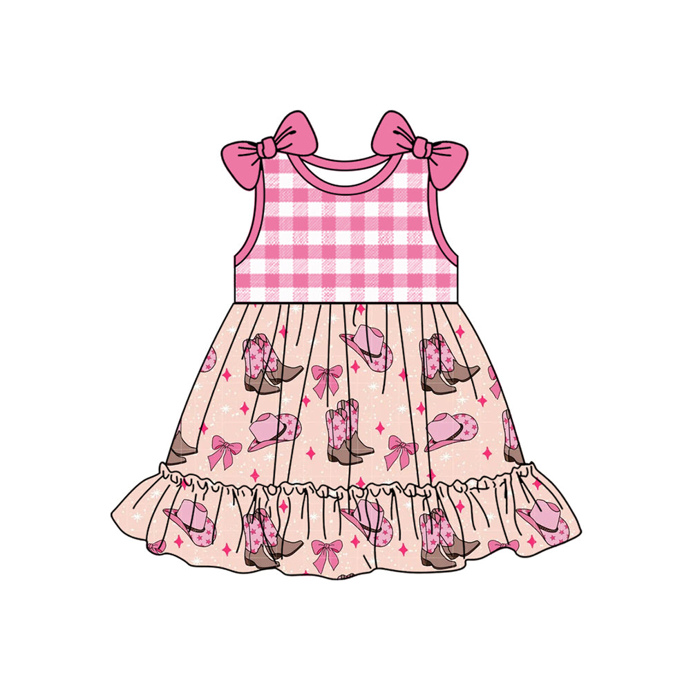 pre -order pink plaid boots  print Sleeveless girl set GSD2110