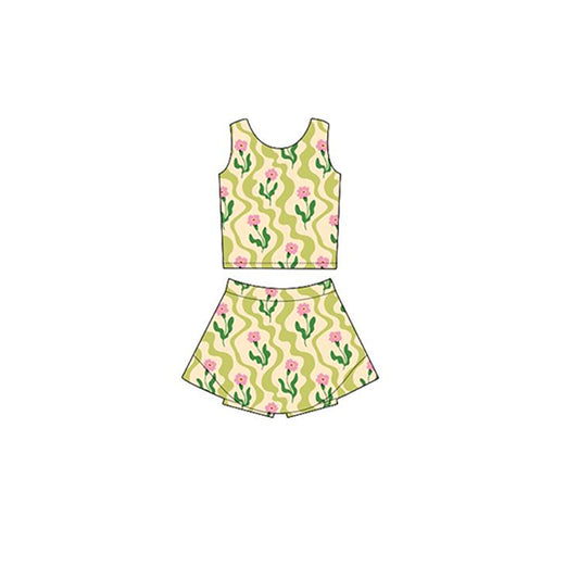 pre -order green flowers  print Sleeveless girl yoga set GSD2119