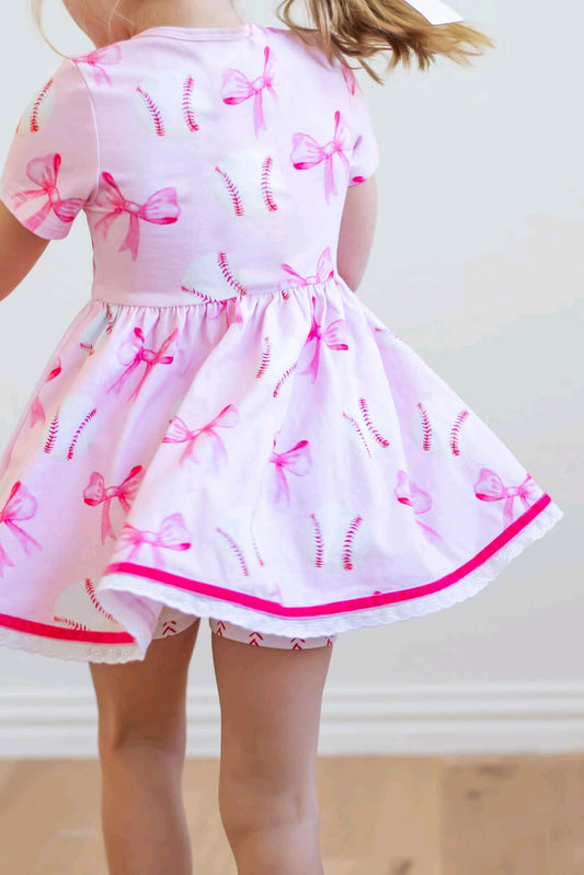 pre -order Pink bow print Girls short sleeve dressGSD2126