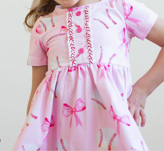 pre -order Pink bow print Girls short sleeve dressGSD2126