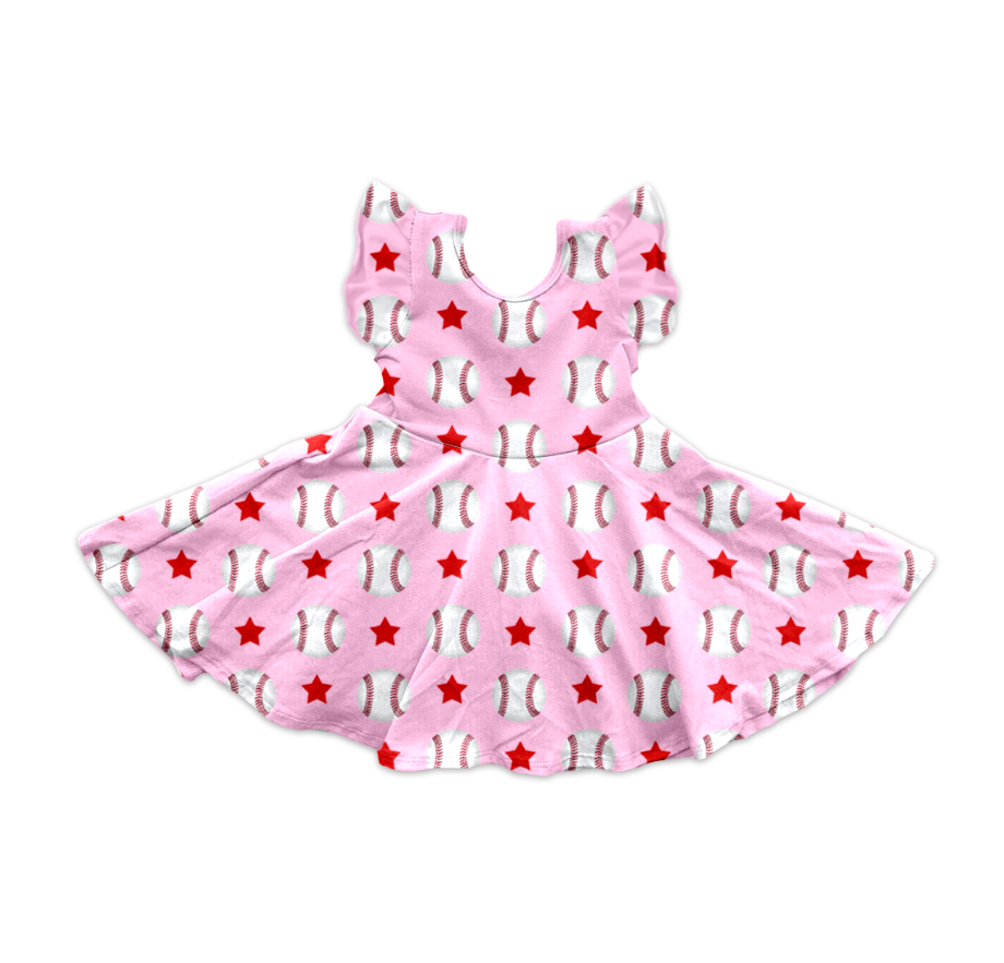 pre -order pink baseball star print flying Sleeve girl set GSD2132