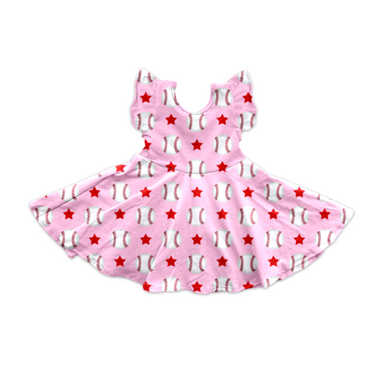 pre -order pink baseball star print flying Sleeve girl set GSD2132